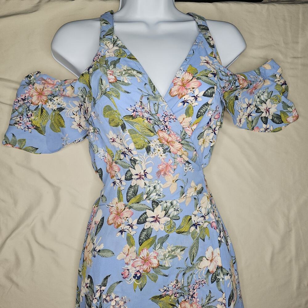 Trixxi Blue Floral Wrap Summer Dress Cold Shoulder Resort Wear Womens Medium